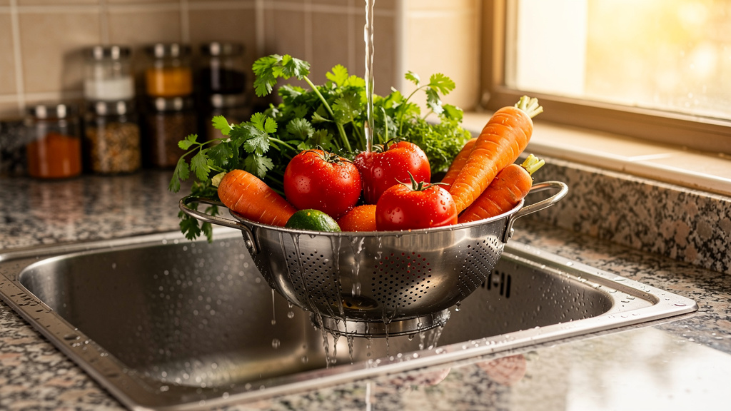 Fresh vegetables being thoroughly washed for food safety