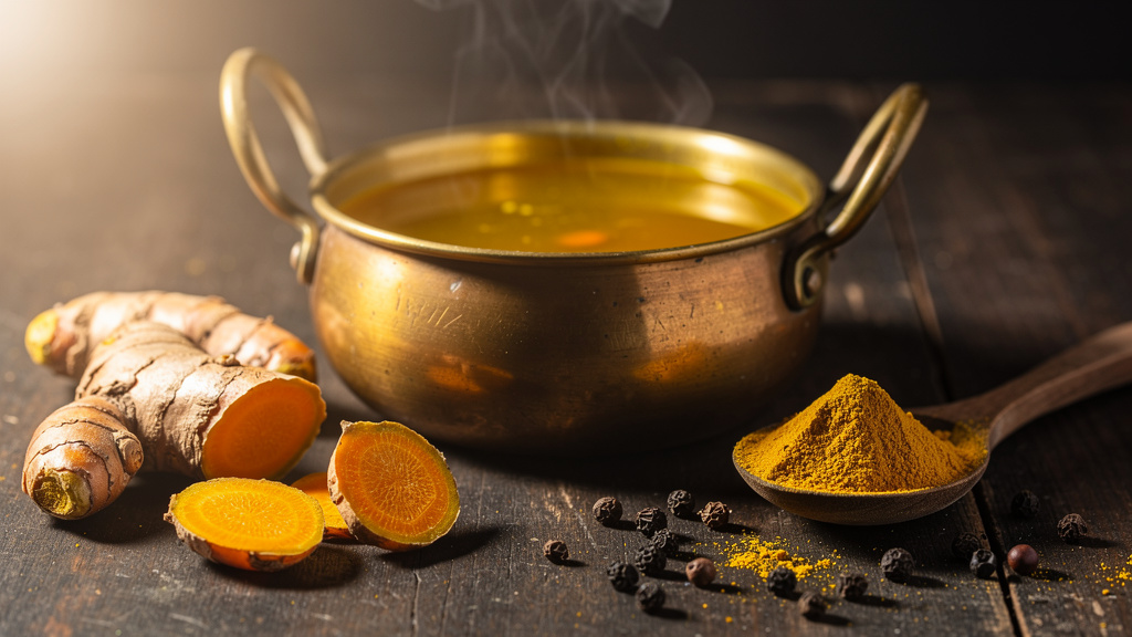 Fresh turmeric root and golden turmeric drink