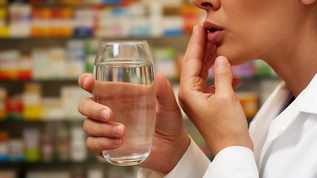 Pharmacist demonstrating swallowing technique