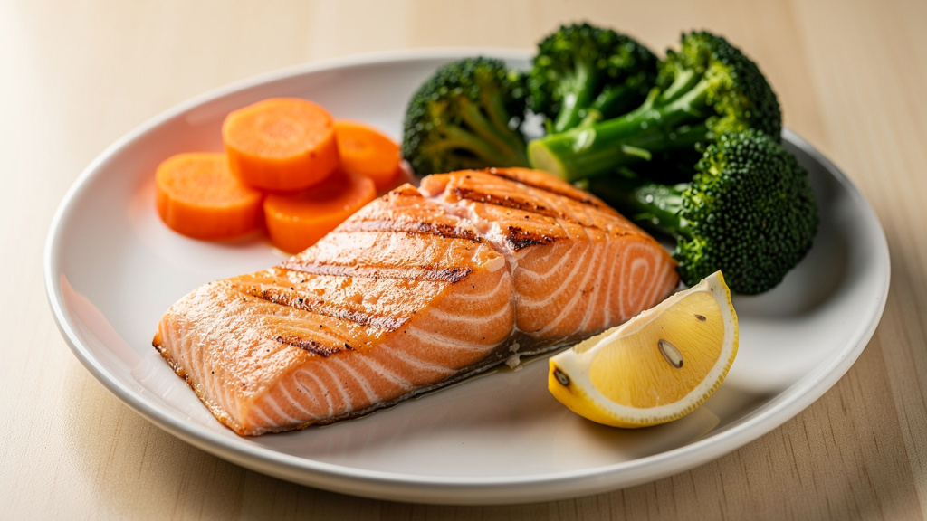 Grilled salmon with vegetables providing omega-3 fatty acids